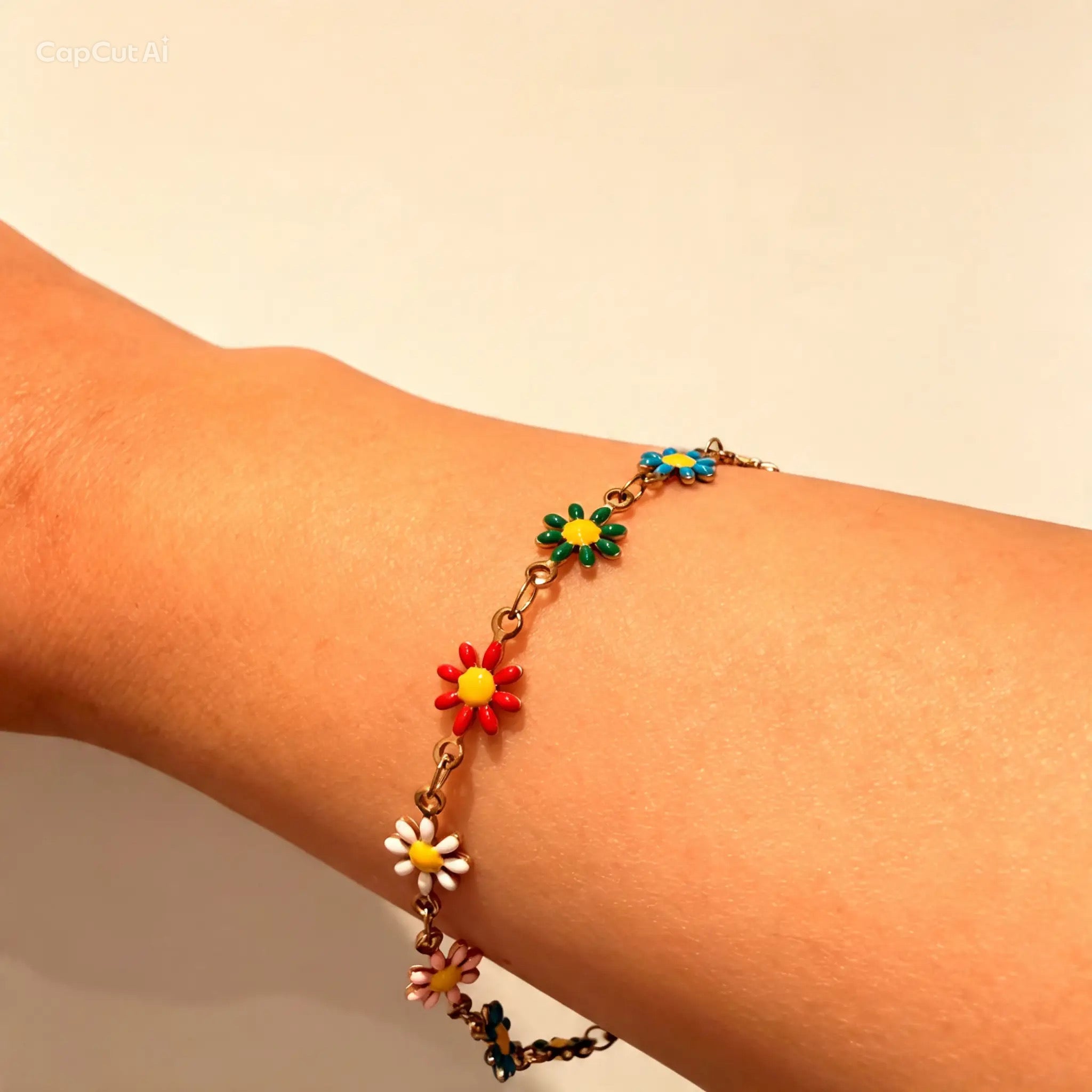 18K Gold PVD Multi Colored Floral Chain Bracelet