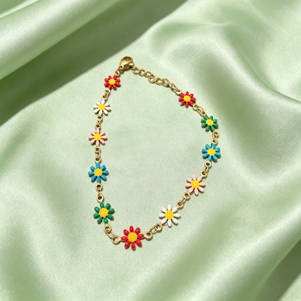 18K Gold PVD Multi Colored Floral Chain Bracelet
