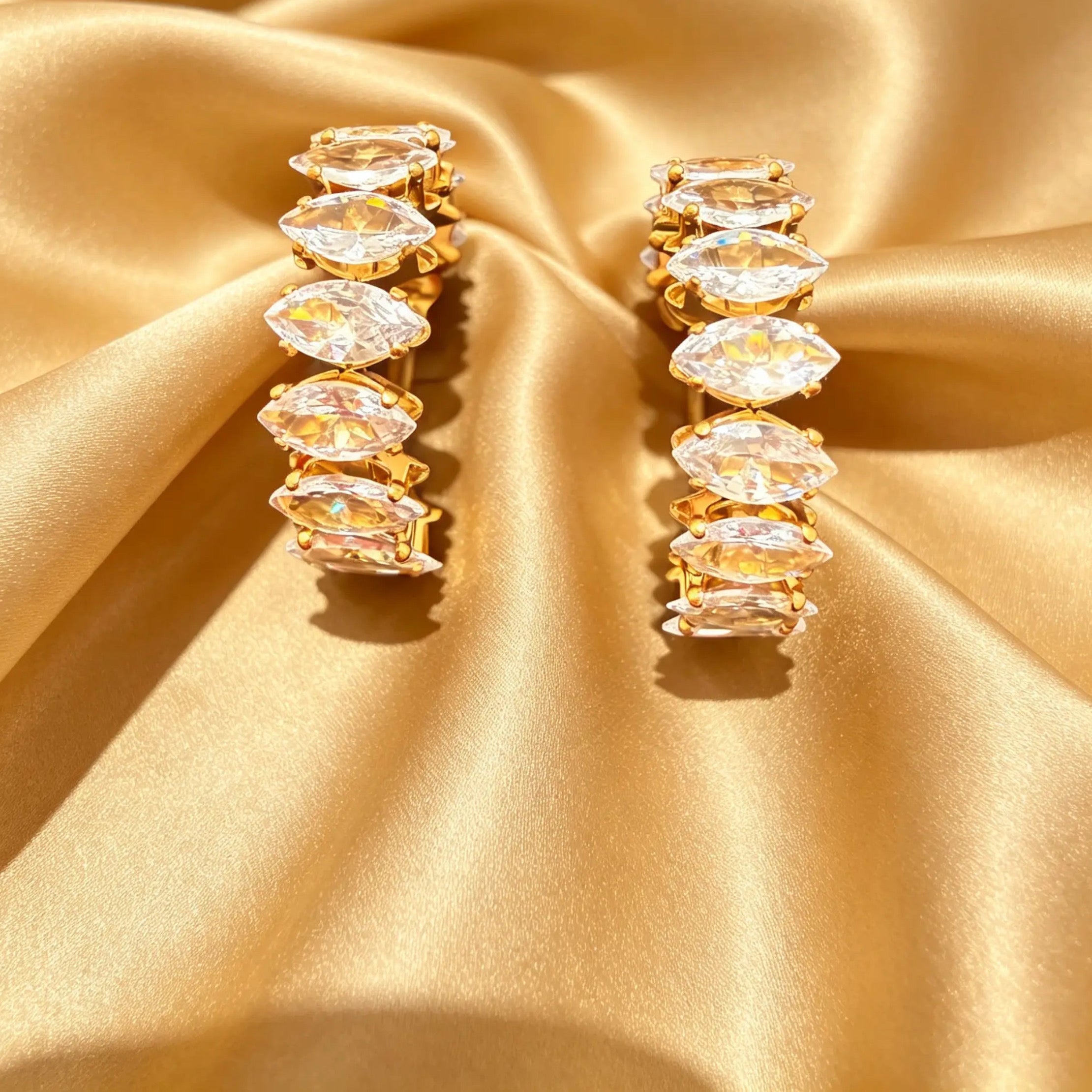 18K Gold PVD Stainless Steel Marquis CZ Stone Hoop Earrings