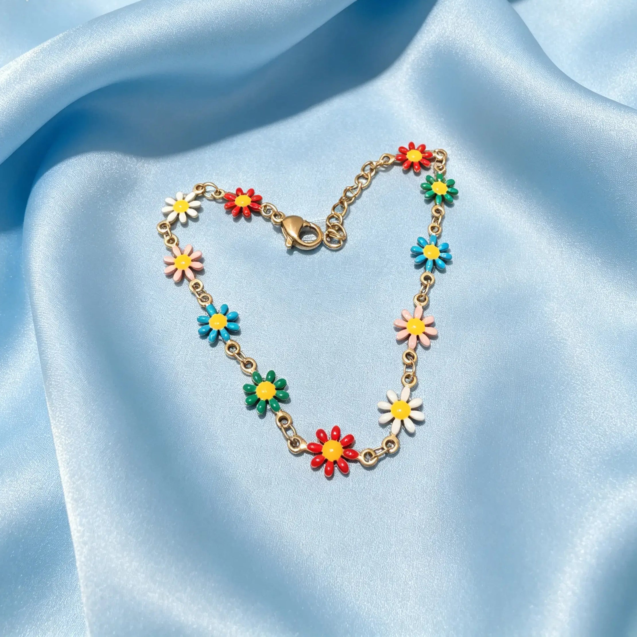 18K Gold PVD Multi Colored Floral Chain Bracelet