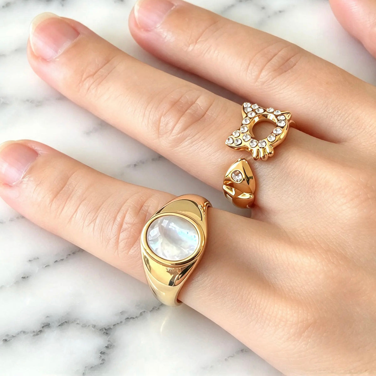 18K Gold-Plated Cat & Fish Bone Ring