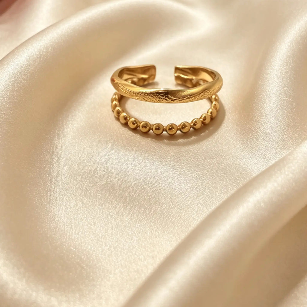 Bague double perlée en acier inoxydable PVD Or 18 carats