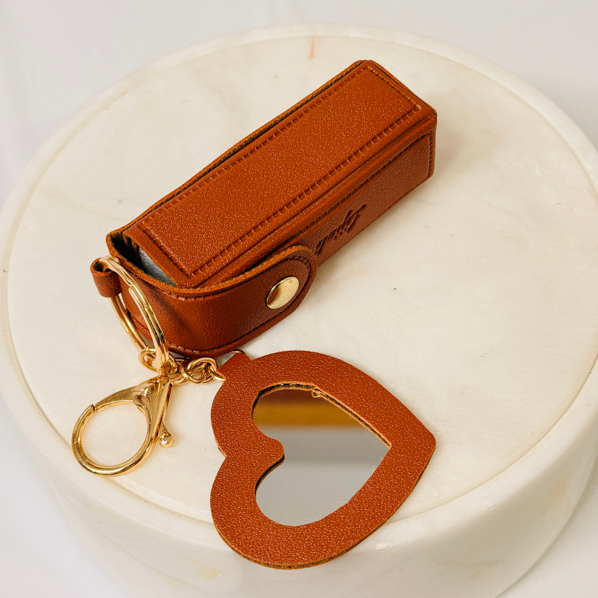 Mini Lipstick Holder Keychain Bag with Heart Mirror