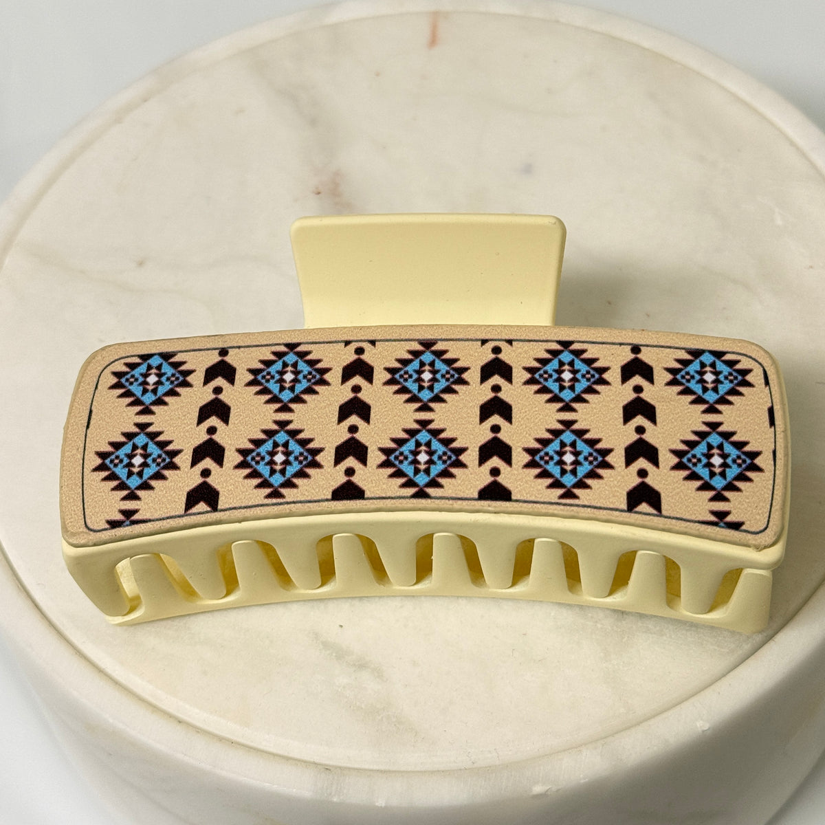 Close-up of PU-leather detail on boho hair claw