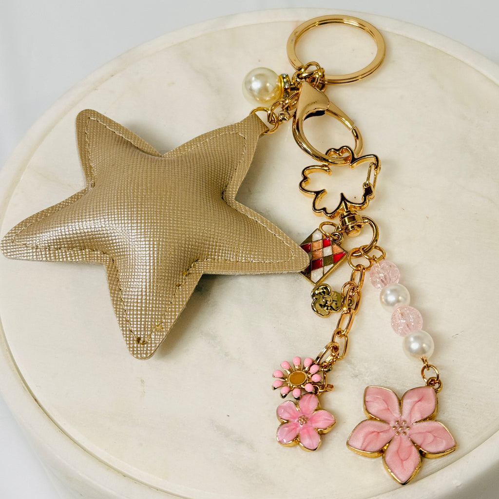 Cherry blossom and khaki star pearl bag charm keychain