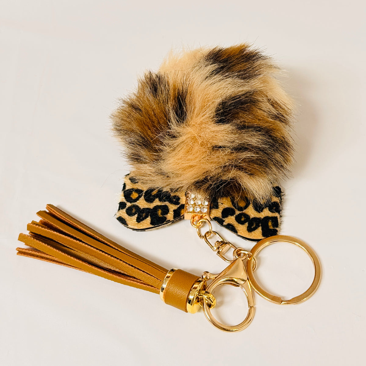 Leopard Print Bow Pom Pom Keychain | Faux Fur Bag Charm