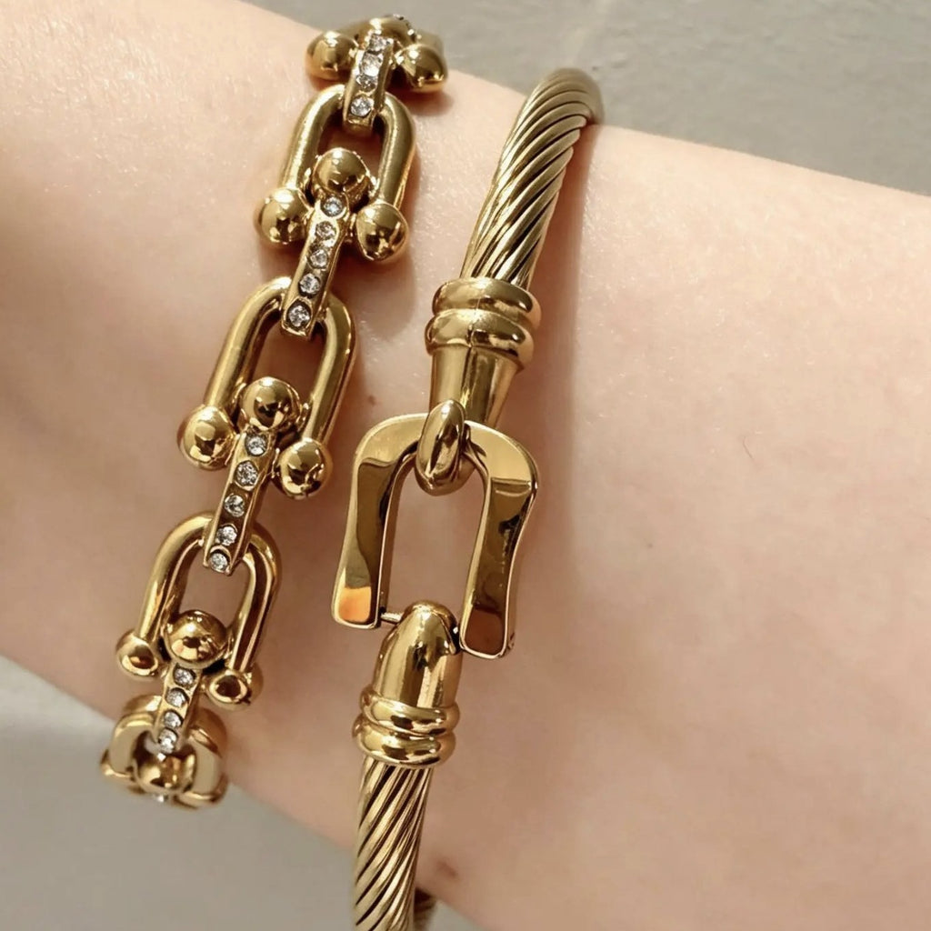 Bracelet jonc en acier inoxydable PVD or 18 carats et pierres