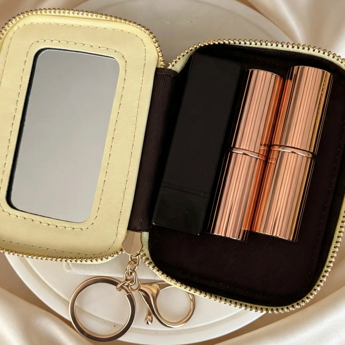 Quilted Lipstick Bag with Mirror & Keychain Hook | PU Leather Mini Makeup Pouch