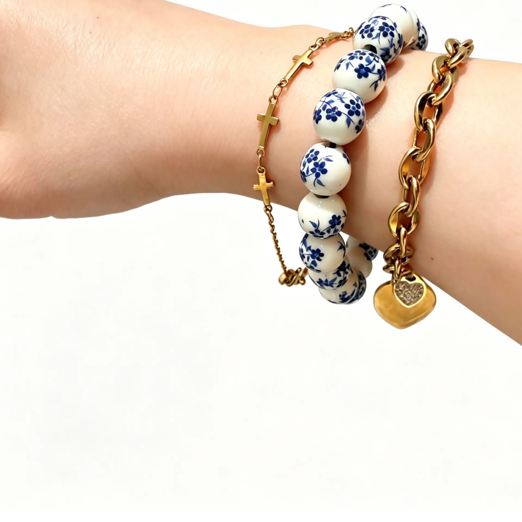 Bracelet extensible en perles de céramique vintage bleues et blanches