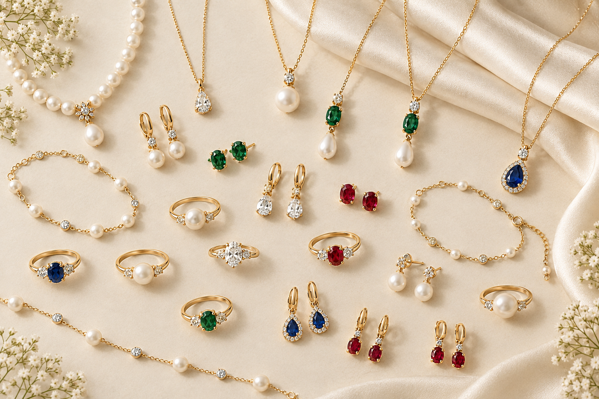 Fuller pearl and colorful zircon jewelry flat-lay for the homepage hero