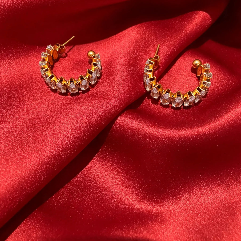 18K Gold PVD Stainless Steel Marquis CZ Stone Hoop Earrings
