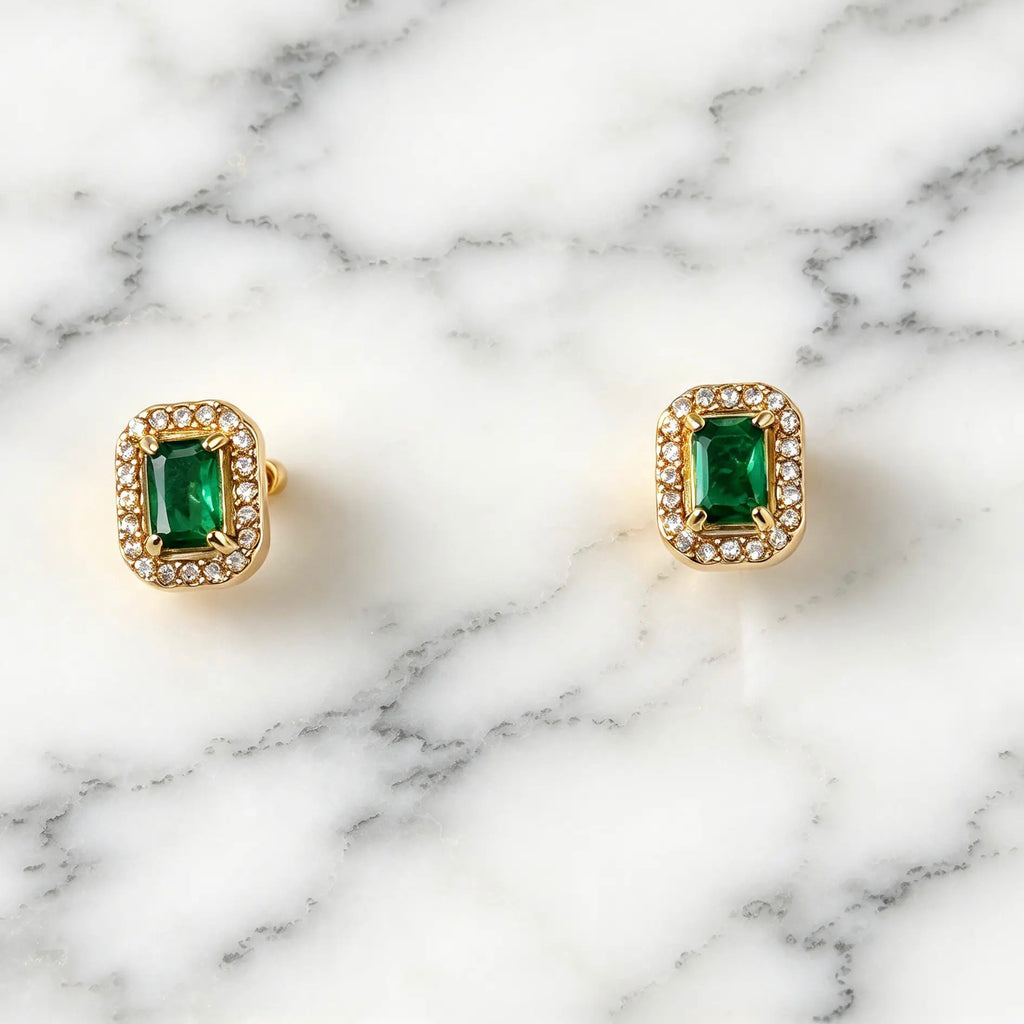 18K Gold-Plated Green Zircon Halo Stud Earrings