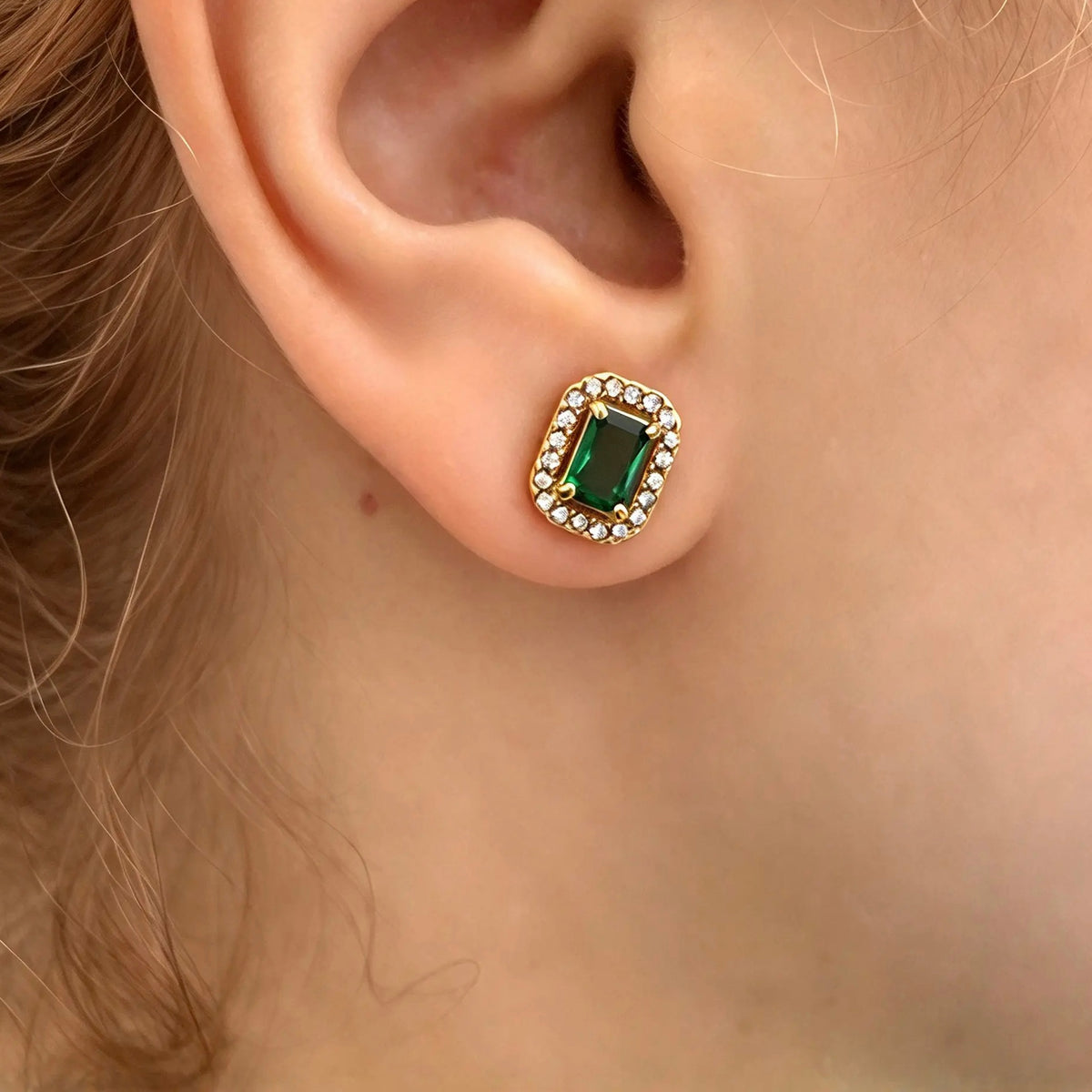 18K Gold-Plated Green Zircon Halo Stud Earrings