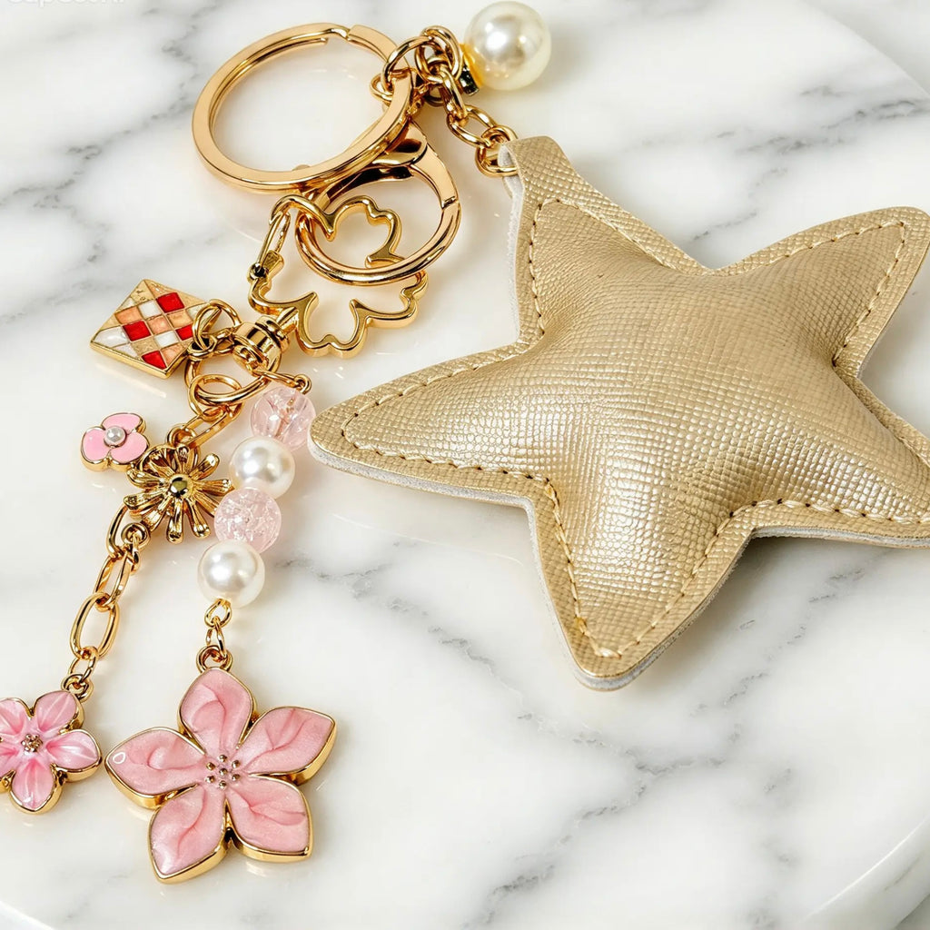 khaki PU-leather star and cherry blossom keychain bag charm