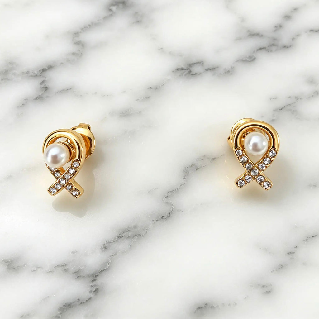 Pearl-Look Ribbon Stud Earrings with Zircon