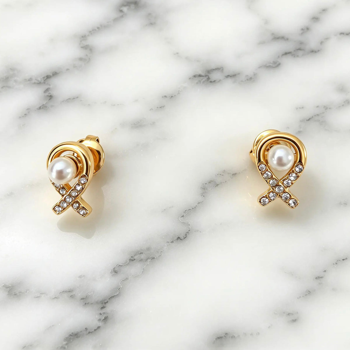 Pearl-Look Ribbon Stud Earrings with Zircon