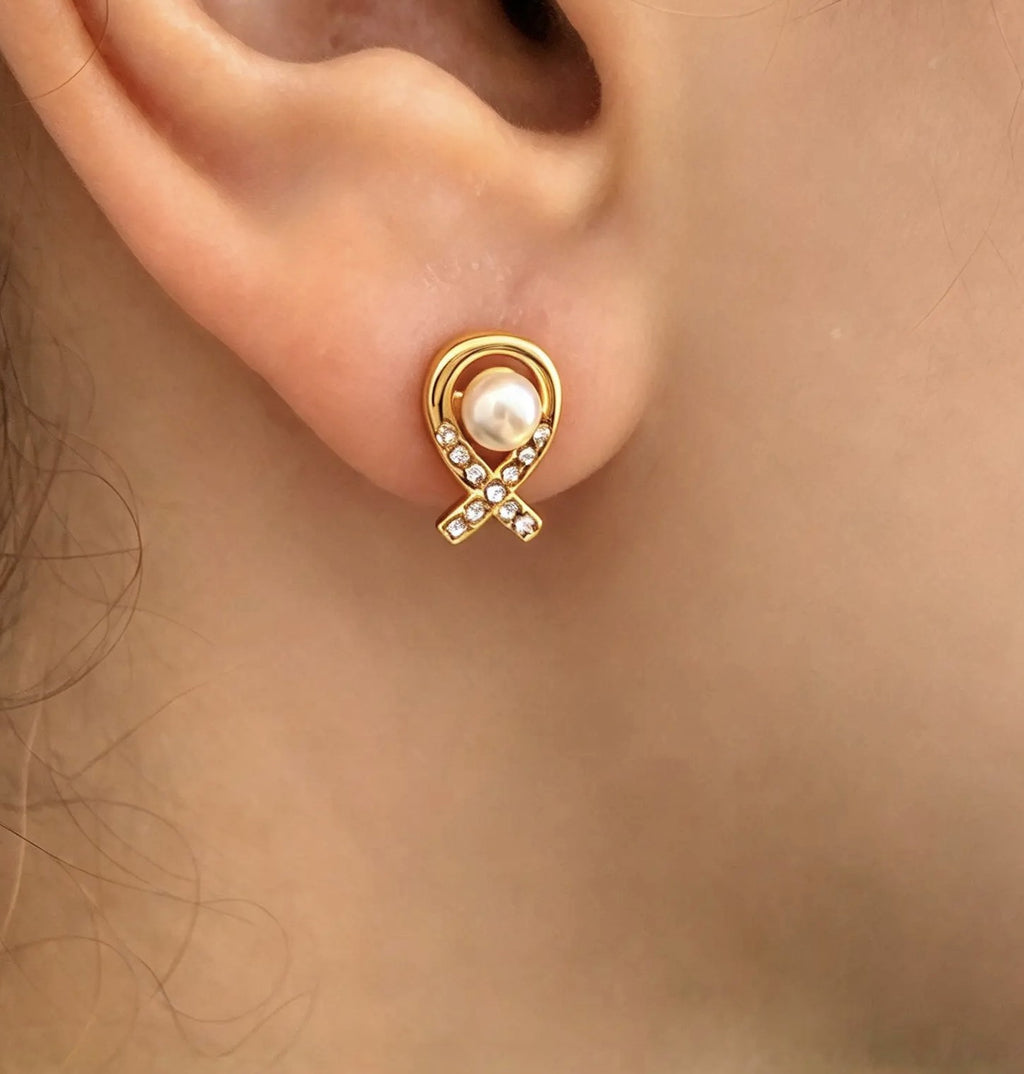 Pearl-Look Ribbon Stud Earrings with Zircon
